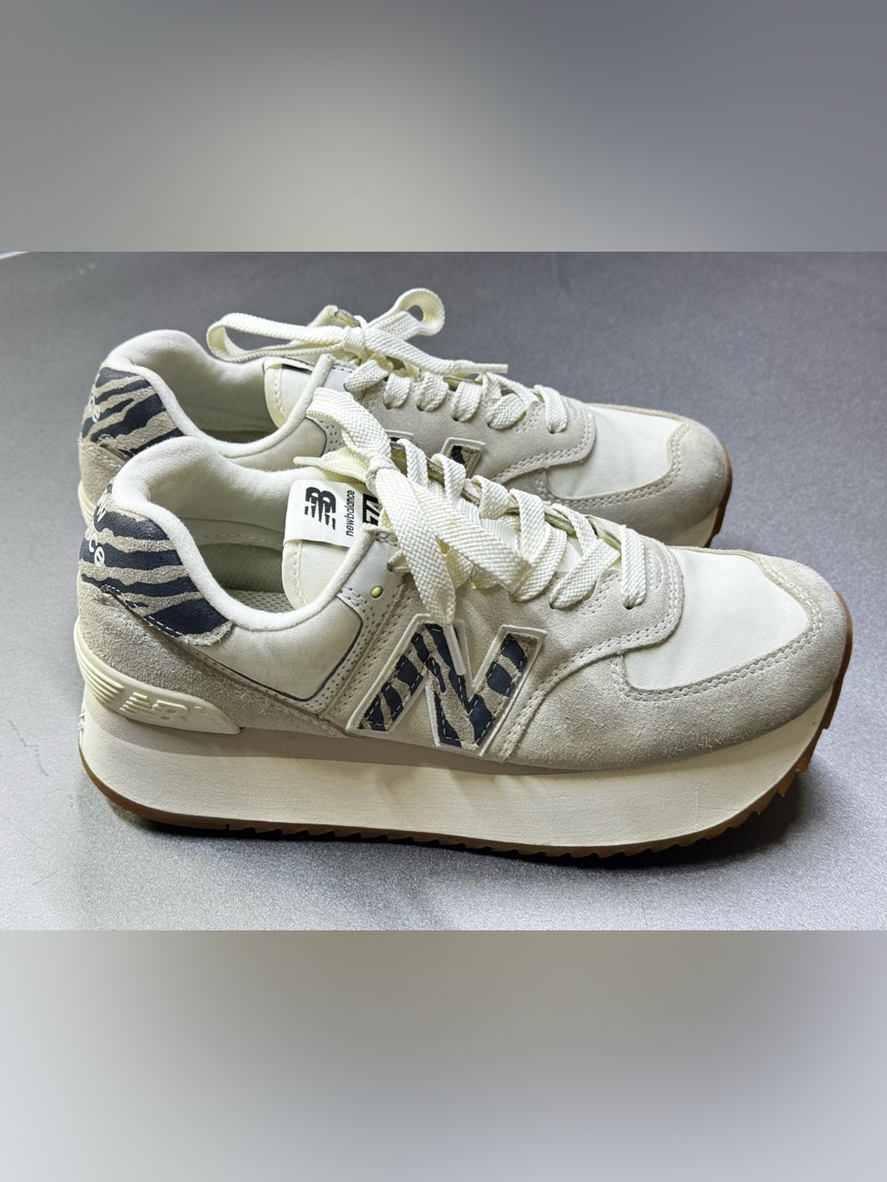 New Balance 574+ Plus Womens Size 8.5 B White Beige Animal Print Platform Shoes